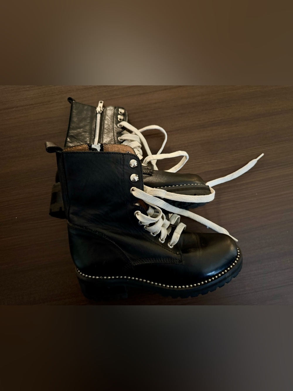 Aqua Black Leather Lace-Up Combat Boots with White Laces